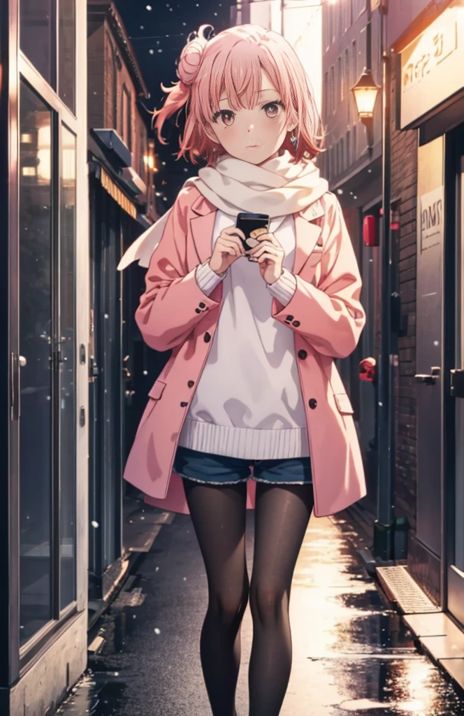 table top, high quality, 最high quality, High resolution, 4K, High resolution, beautiful lighting,highly detailed face, well drawn hands, beautifully drawn legs,well drawn feet,well drawn eyes,1 girl, short hair, pink hair, pink eyes, Yui, bun hair,red coat，Scarf，White Long Sweater，shorts，Black Pantyhose King，black short boots，in the street、It&#39;s snowing，walk，-So，