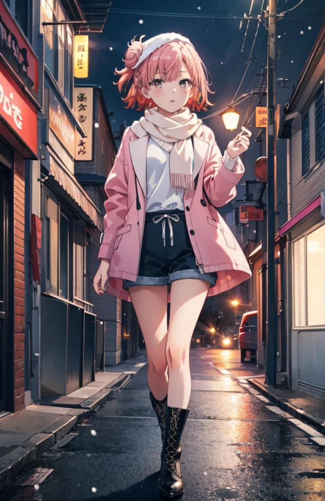 table top, high quality, 最high quality, High resolution, 4K, High resolution, beautiful lighting,highly detailed face, well drawn hands, beautifully drawn legs,well drawn feet,well drawn eyes,1 girl, short hair, pink hair, pink eyes, Yui, bun hair,red coat，Scarf，White Long Sweater，shorts，Black Pantyhose King，black short boots，in the street、It&#39;s snowing，walk，-So，