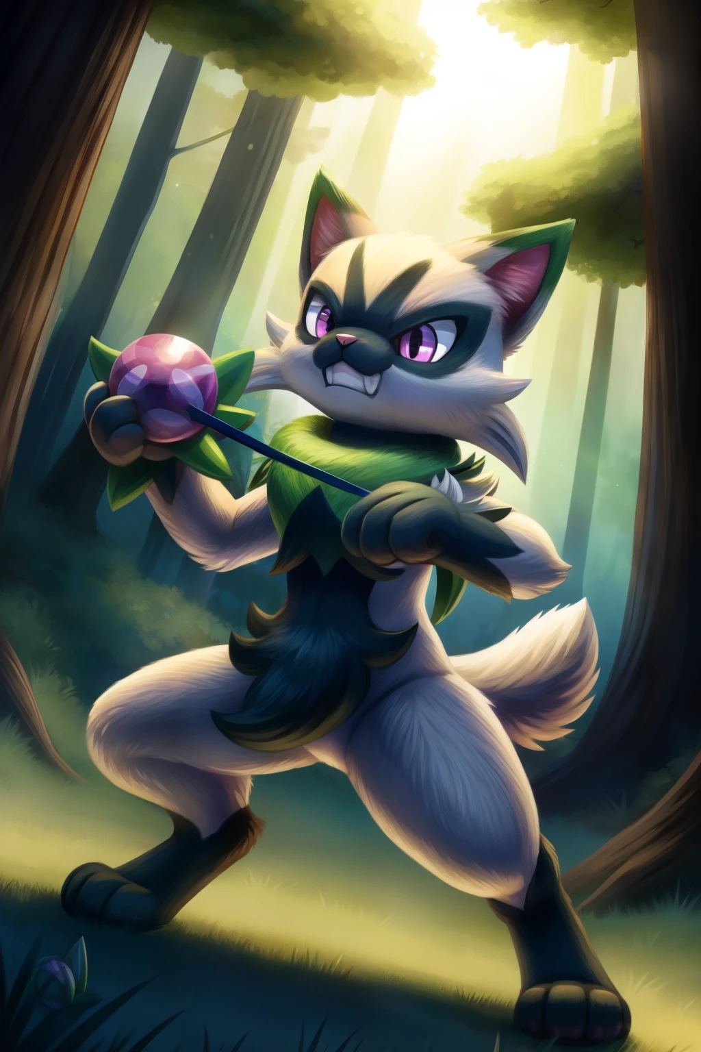 Floragato, furry pokemon, cat, feet, Only, (Body fur:1.2), (Best quality), (Detailed fluffy fur:1.1), Animal hands, tail, purple eyes, forest background, day, shiny, angry, clenched teeth, fighting stance female, looking up, solo, holding the yo-yo, rope