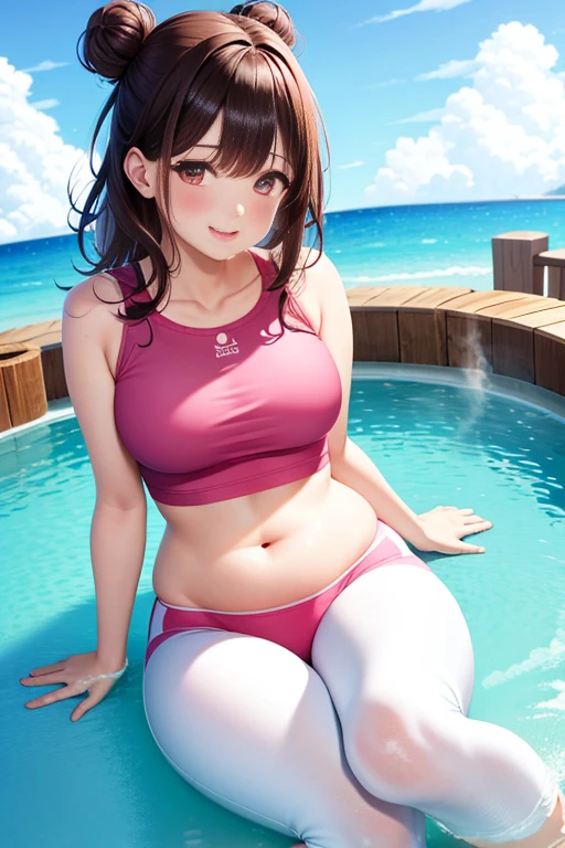 Super detailed，masterpiece，best quality，harf，View，blush blush，Yazawa Nico,red eyes, Blunt hair, 1 female、White clothes、The belly is visible，White bun hairstyle， black hair color hair、chubby、Smile、pale pink lips、Spring water，hot spring，Soaked all over，oestrus，Blushed，visible、White yoga pants，