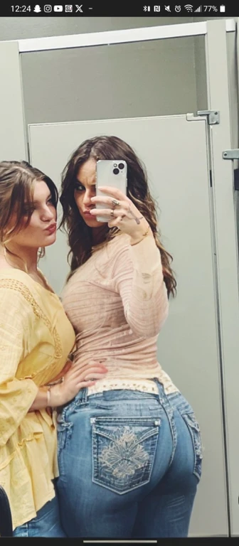 two women taking a selfie in a mirror in a bathroom, bella thorne and megan fox, high quality upload, snapchat photo, mirror selfie, beautiful girls, posing!!, profile image, lana del rey and zoë kravitz, 💋 💄 👠 👗, profile picture, selfie photo, profile pic, two models in the frame, beautiful women, mirror selfie, beautiful girl, big ass, huge ass, bbw, from behind, thick, thick thighs, wide hips, bbw, big tits, sideboob, giant ass, back view, big butt, round butt, tight underwear, underwear halfway off, underwear taking off, grabbing ass, ass spilling over underwear, too thick for clothes, looking left, leftwards