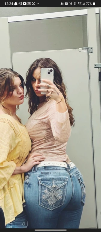 two women taking a selfie in a mirror in a bathroom, bella thorne and megan fox, high quality upload, snapchat photo, mirror selfie, beautiful girls, posing!!, profile image, lana del rey and zoë kravitz, 💋 💄 👠 👗, profile picture, selfie photo, profile pic, two models in the frame, beautiful women, mirror selfie, beautiful girl, big ass, huge ass, bbw, from behind, thick, thick thighs, wide hips, bbw, big tits, sideboob, giant ass, back view, big butt, round butt, tight underwear, underwear halfway off, underwear taking off, grabbing ass, ass spilling over underwear, too thick for clothes, looking left, leftwards