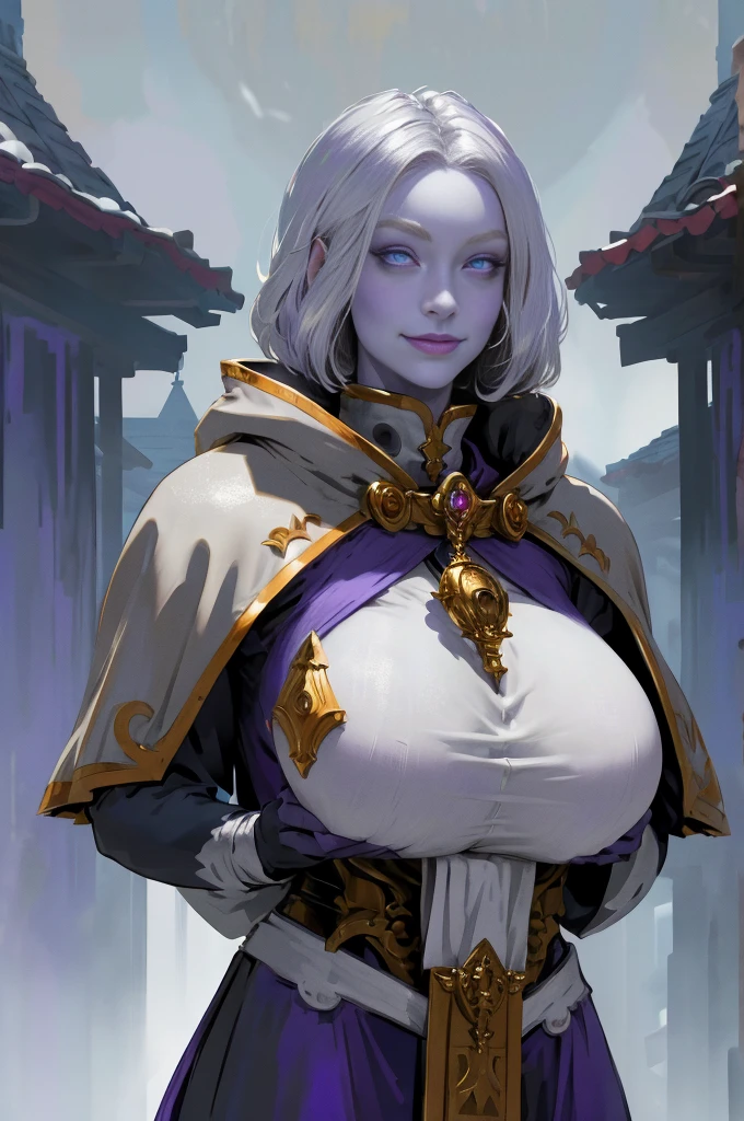 (Triplets)(chest covered)(smile)Gray skin, pale golden hair and violet eyes. They prefer clothing of white and silver with cloaks of deep blue or purple,village background, huge_knockers, ((very precise detailed)), ((highres)