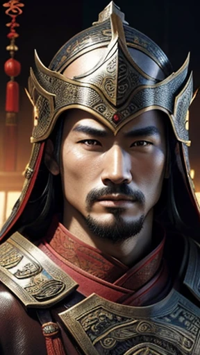 oriental、man in ancient chinese armor、Ancient Chinese man wearing a leather helmet、three kingdom、multiple warlords、highest quality、masterpiece、ultra high resolution、(realistic:1.4)、game poster、Clear and beautiful image quality、Handsome guy