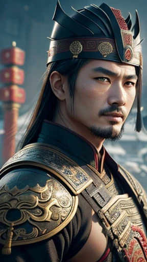 oriental、man in ancient chinese armor、Ancient Chinese man wearing a leather helmet、three kingdom、multiple warlords、highest quality、masterpiece、ultra high resolution、(realistic:1.4)、game poster、Clear and beautiful image quality、Handsome guy