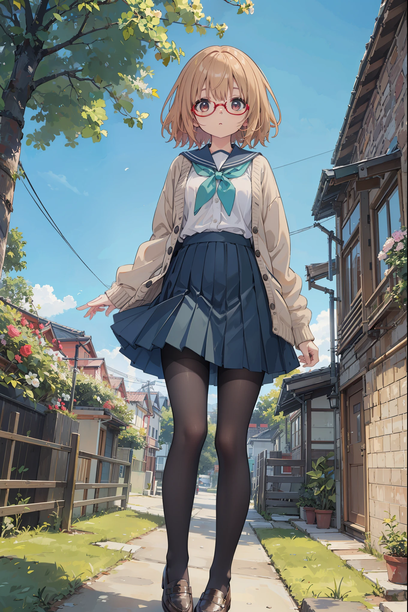 (1 female)、solo、Mirai Kuriyama、茶hair_shoes、black_leg wear、green grass_skirt。cardigan、Glasses、The Perfect Five Fingers、オープンcardigan、open clothes、pantyhose、プリーツskirt、Red-framed glasses、school uniform、Seraph、short hair、skirtバイザ、(Extra fine)、beautiful breasts、hair、resolution、highest quality、(Are standing)、(angle from below)、skirtの下、skirtの下、(Close-up of underwear from below)、up shirt、highest resolution、highest quality、(masterpiece)、Extra fineの顔、original character、perfect lighting、best colors、colorful、beautiful shit、Details of the details、ultra high resolution、Natural volume of lighting and best shadows、deep い is written in the depth of the world(highest quality、exquisite details:1.4)