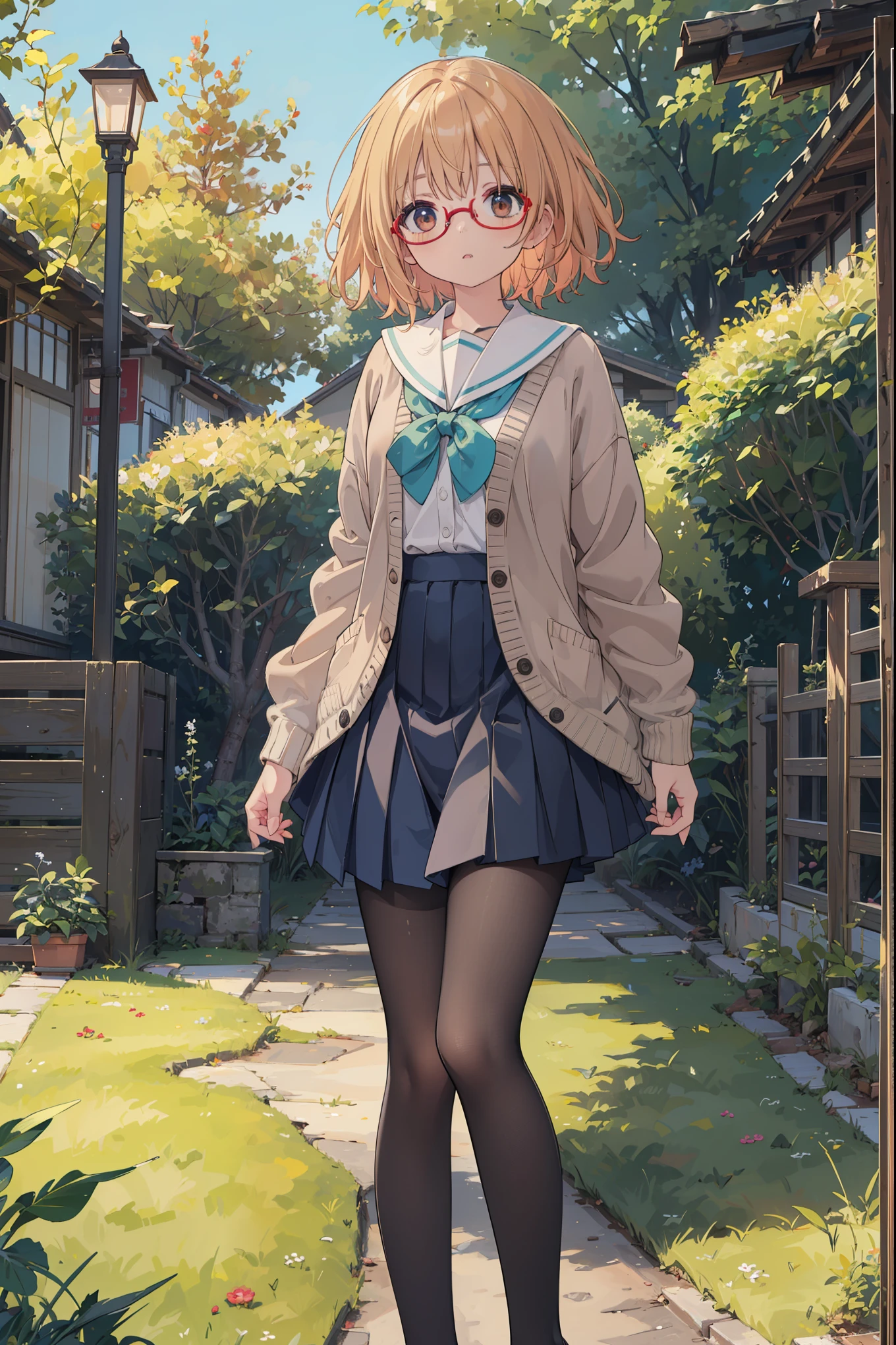 (1 female)、solo、Mirai Kuriyama、茶hair_shoes、black_leg wear、green grass_skirt。cardigan、Glasses、The Perfect Five Fingers、オープンcardigan、open clothes、pantyhose、プリーツskirt、Red-framed glasses、school uniform、Seraph、short hair、skirtバイザ、(Extra fine)、beautiful breasts、hair、resolution、highest quality、（Are standing）、（angle from below）、skirtの下、skirtの下、（Close-up of underwear from below）、up shirt、highest resolution、highest quality、（masterpiece）、Extra fineの顔、original character、perfect lighting、best colors、colorful、beautiful shit、Details of the details、ultra high resolution、Natural volume of lighting and best shadows、deep い is written in the depth of the world（highest quality、exquisite details：1.4）