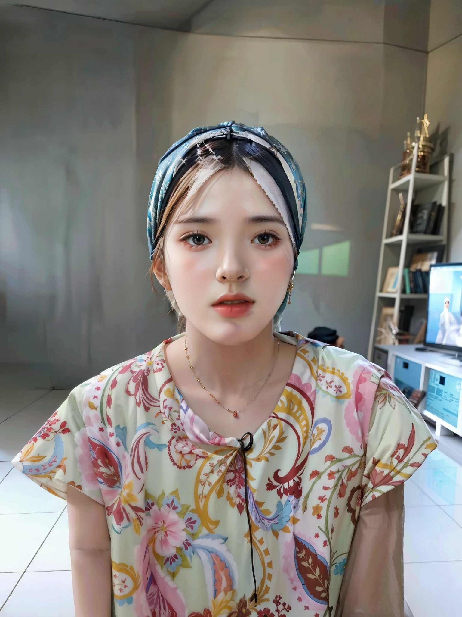 best quality, masterpiece, highreoslem female dress:1.4), necklace, Beautiful face, (upon body from head to waist:1.37), tyndall effect, photorealistic, dark studio, rim lighting, two tone lighting, 8k uhd, dslr, soft lighting, high quality, volumetric lighting, candid, Photograph, high resolution, 4k, 8k, Bokeh, (hyperrealistic girl), (illustration), (high resolution), (extremely detailed), (best illustration), (beautiful detailed eyeest quality), (ultra-detailed), (masterpiece), (wallpaper), (photorealistic), (natural light), (rim lighting), (detailed face), (high detailed realistic skin texture), (anatomically correct), (solo), (1 girl), (heterochromic eyes), (detailed eyes), (sparkling eyes), (long legs), (dynamic pose), (concentrated expression), (wearing hijab:1.4), (moslem headscarf:1.37), reading glasses.