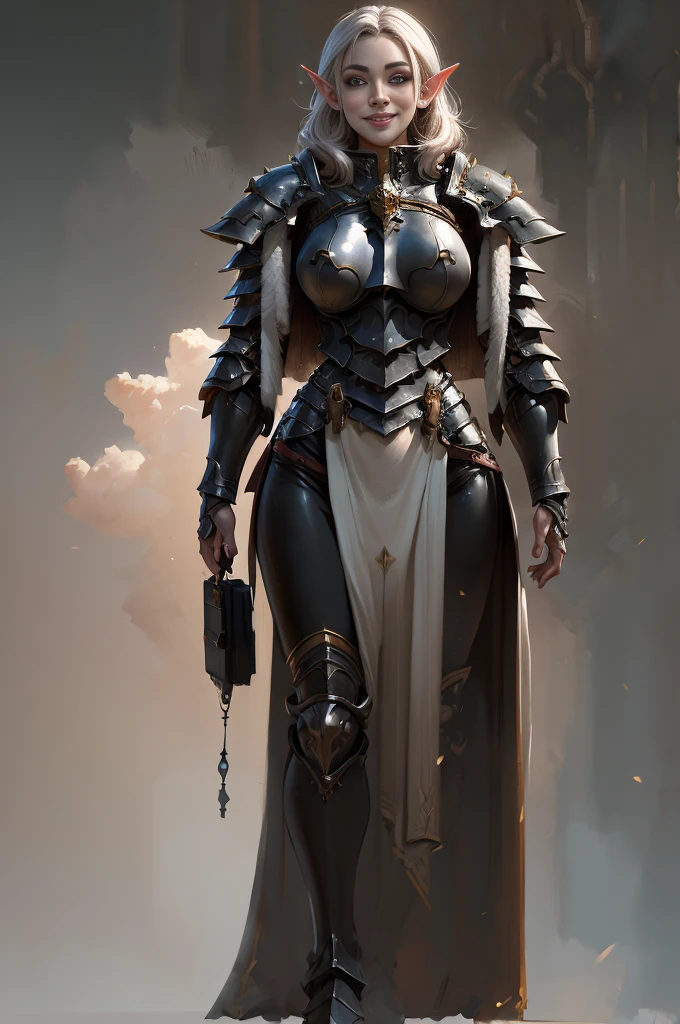 full body elf female, face well designed, masterpiece, knight armor, 4k, ultra realistic, 8k, braceless, big smile, well done, extremely detailed cg unity 8k wallpaper, high detail, photorealistic painting art by midjourney and greg rutkowski, matte, bryan organ