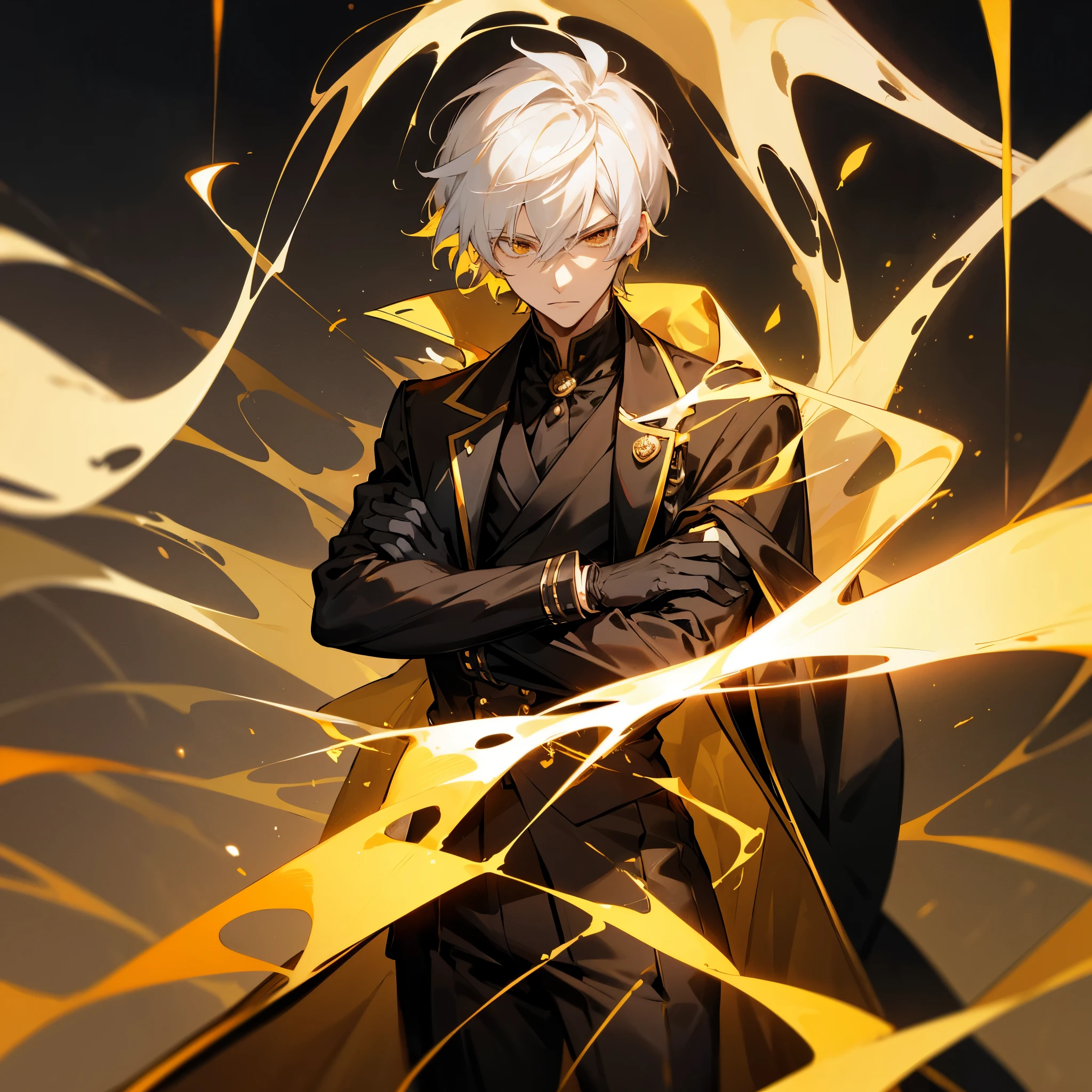 Anime male, teenager, handsome, fair-skinned, resolute eyes, white hair, short hair, deep golden eyes, powerful, black suit with black gloves, golden clothes, royal style, flame, crossed arms, dark background