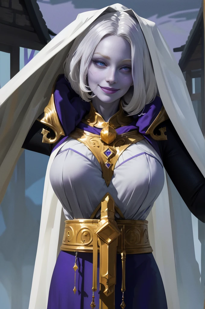 (Triplets)(chest covered)(smile) purple skin, pale golden hair and violet eyes. They prefer clothing of white and silver with cloaks of deep blue or purple, village background, huge knockers ((very precise detailed)) ((high res)