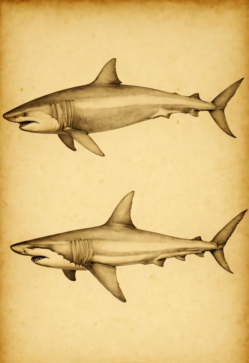 Anatomical drawing by Leonardo da Vinci depicting a shark., internal organs are visible, very detailed, high detail, complete imitation of the style of Leonardo da Vinci, ink drawing on old parchment