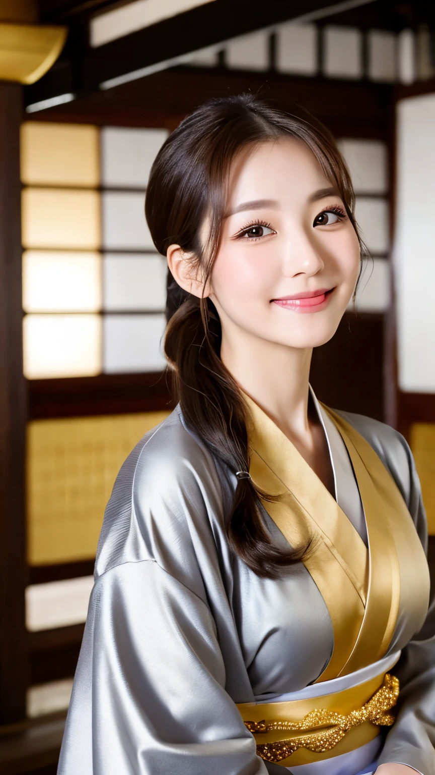 UHD, Extreme close-up of cute Korean female,Chest size 32 inches, ponytail, gray eyes, slightly smile, wearing silver and gold kimono standalone in Japanese temple, blurred background