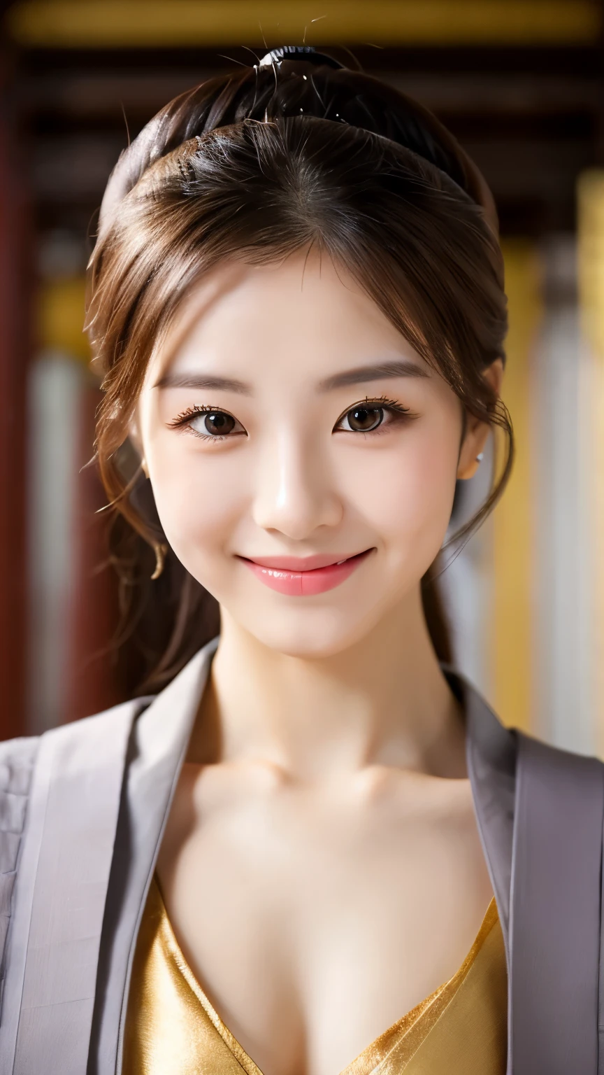 UHD, Extreme close-up of cute Korean female,Chest size 32 inches, ponytail, gray eyes, slightly smile, wearing silver and gold kimono standalone in Japanese temple, blurred background