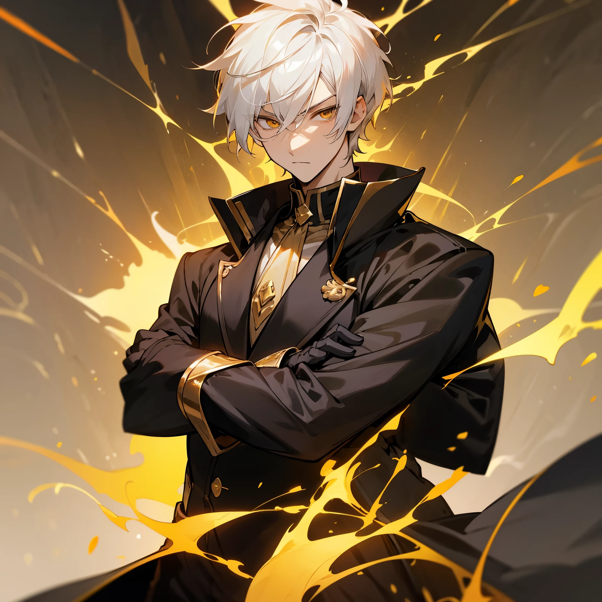 Anime male, teenager, handsome, fair-skinned, resolute eyes, white hair, short hair, deep golden eyes, powerful, black suit with black gloves, golden clothes, royal style, flame, crossed arms, dark background