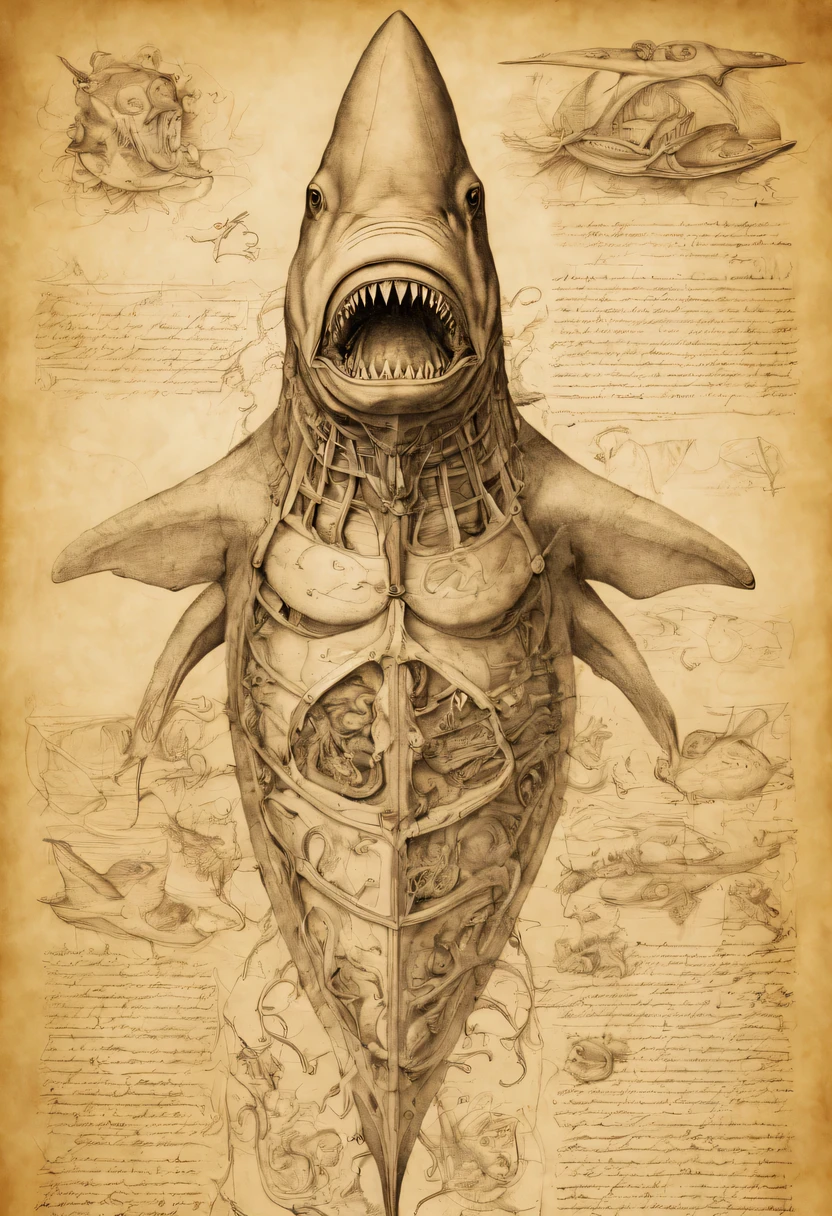 Anatomical drawing by Leonardo da Vinci depicting a shark., internal organs are visible, very detailed, high detail, complete imitation of the style of Leonardo da Vinci, ink drawing on old parchment