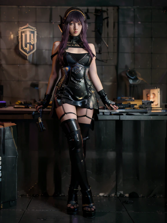 35mm, F/2.8, Incredibly hyper-detailed and intricately realistic, full body shot of a purple hair woman wearing high heels sandals with a short black dress posing for a picture with her Sniper Rifle (a Barrett .50cal). She is on top of an old Russian building. Cinematic lights, high detail, 4k image quality (((highly detailed face))), ((((4k)))) (((((unreal engine))))),