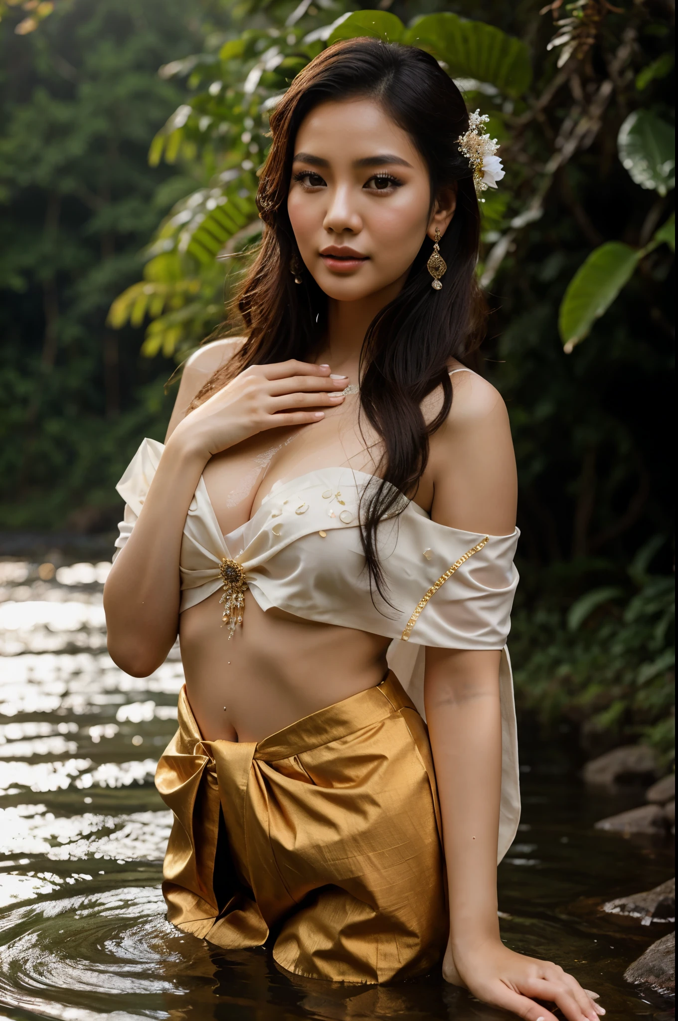 In this captivating scene, picture a 30-year-old Thai woman with a fair complexion and exquisite beauty. She is adorned in a sultry Thai outfit that tastefully accentuates her allure, confidently showcasing her well-proportioned figure. The traditional attire highlights her sensuality, with a subtle reveal of her ample bosom, adorned with delicate nipple covers.

The enchanting image unfolds as she engages in a playful interaction with a cascading waterfall, the water droplets glistening on her flawless skin. The backdrop is a stunning waterfall surrounded by lush greenery, creating a picturesque setting that perfectly complements the beauty of the Thai woman. The entire composition captures the essence of her youth, beauty, and the harmonious coexistence of the natural and human elements in this captivating moment