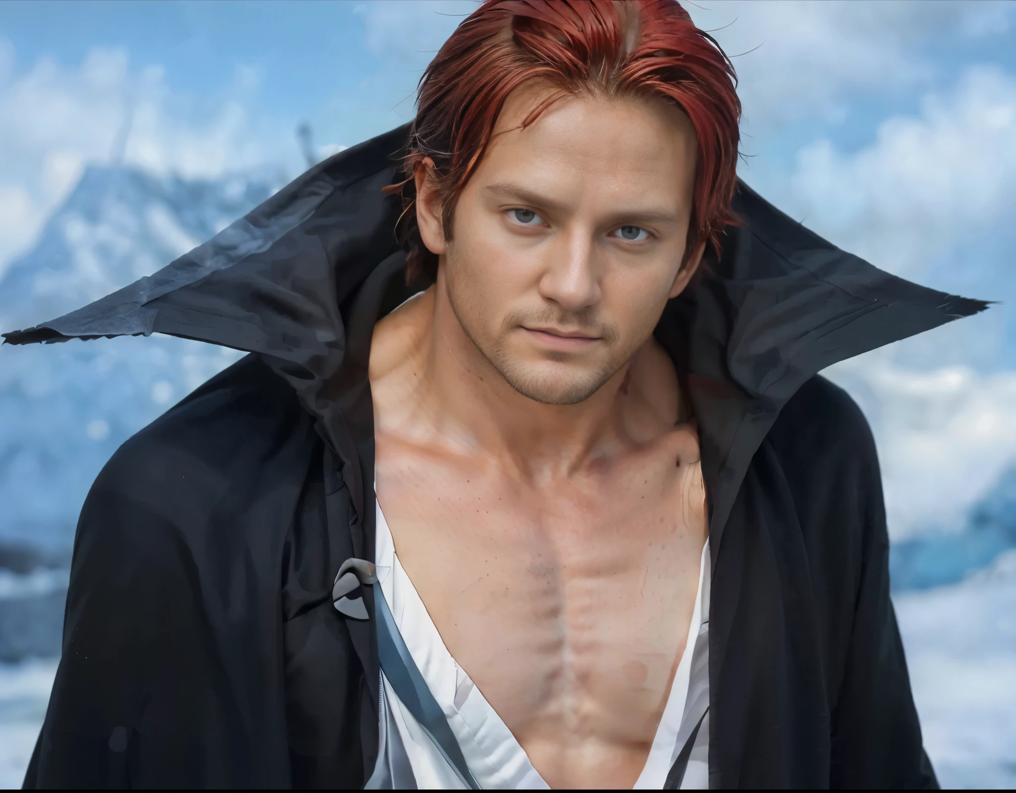 (masterpiece), (realistic), (ultra detailed), ( high reest quality), (photorealistic), (perfect face), (perfect anatomy), man, male, solo, ameican, (((35 years old))), ((muscular)), shanks from one piece, shanks, red hair, part of the character's hair to the front, wears white clothes, ((wears a black robe)), (((karakter tersenyum jahat))), character standing in frozen ice