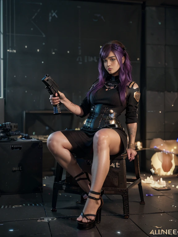 35mm, F/2.8, Incredibly hyper-detailed and intricately realistic, full body shot of a purple hair woman wearing high heels sandals with a short black dress posing for a picture with her Sniper Rifle (a Barrett .50cal). She is on top of an old Russian building. Cinematic lights, high detail, 4k image quality (((highly detailed face))), ((((4k)))) (((((unreal engine))))),