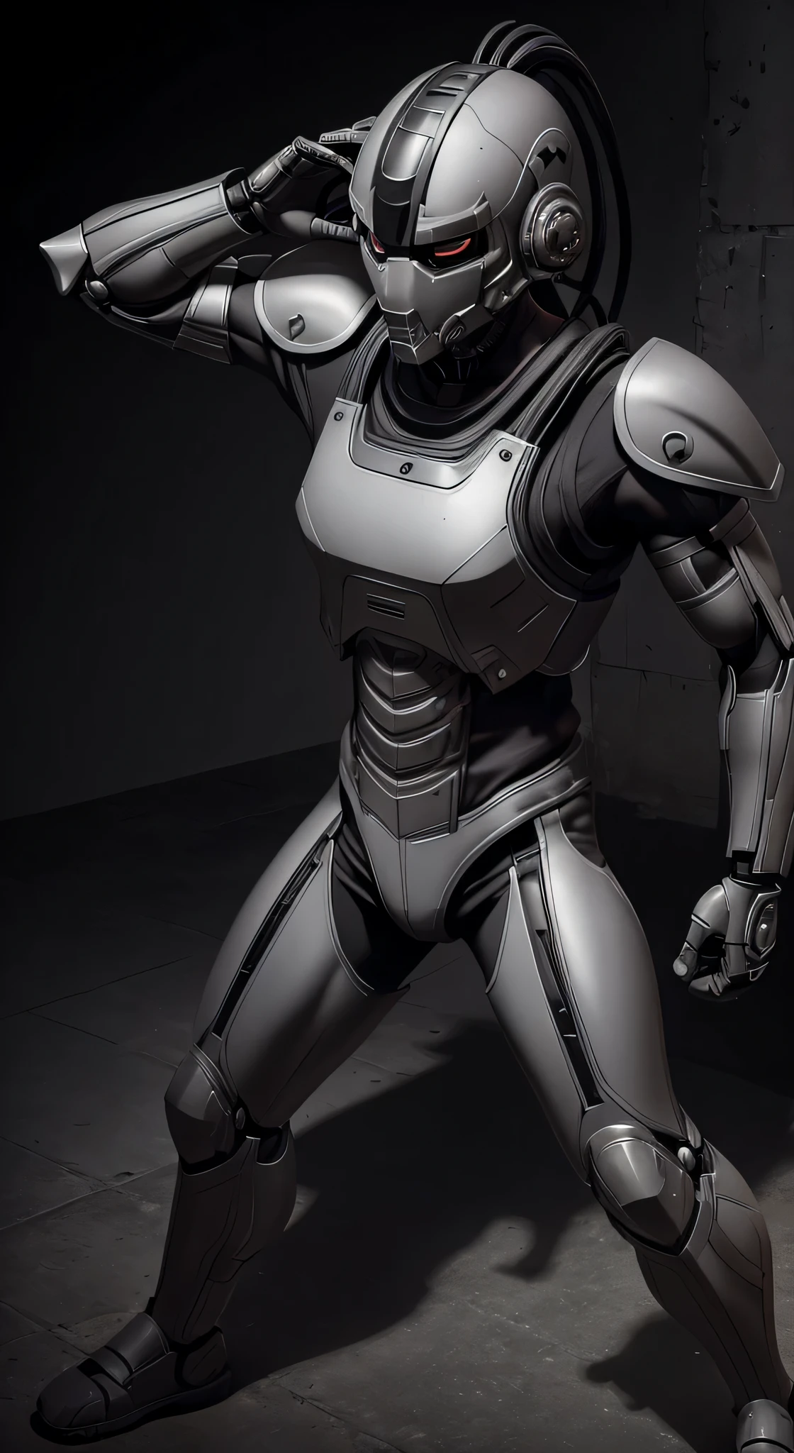 zxcrx, cyborg ninja wearing sleek, (grey and black armour:1.5) that incorporates various mechanical components, his face is covered by a helmet with a (black visor:1.3), arm-mounted blades, energy-based weaponry, intricate, high detail, sharp focus, dramatic, photorealistic painting art by greg rutkowski