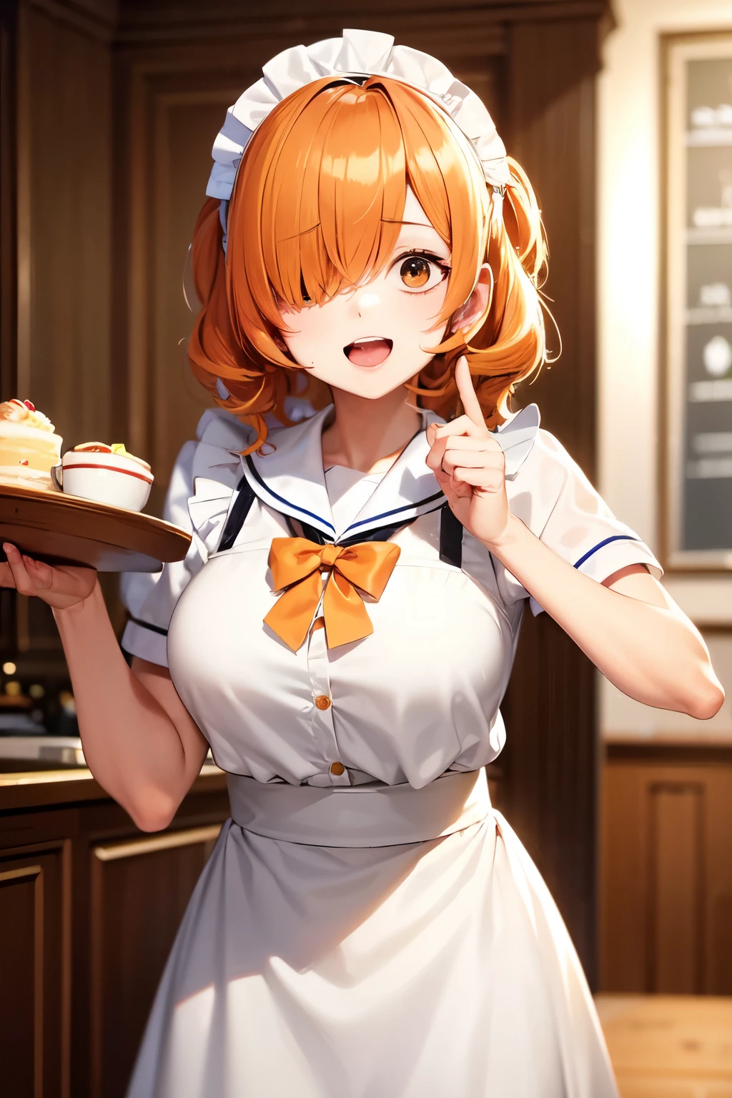 （In 8K, best quality, muste piece:1.2)、ultra high resolution,1 female ************、ultra-detailed face,Three white eyes,Wide open mouth,cinema lighting、One eye is hidden by bangs,(hair over one eye),orange hair,short hair,sailor suit Maid,maid headband,detailed hand fingers,serving at a cafe