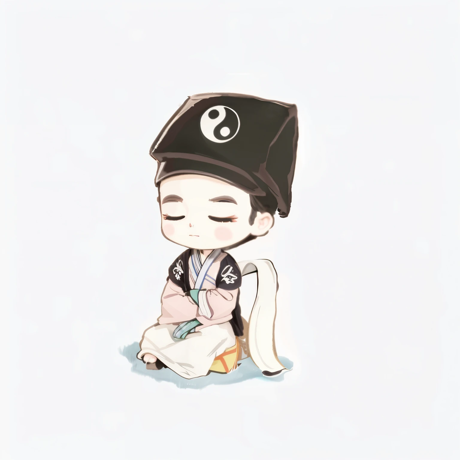 Cartoon of a boy wearing a hat sitting on the ground, High quality fan art, inspired by Guan Daosheng, by Yu Zhiding, Taoist priest, Taoist priest, heise jinyao, by Qu Leilei, author:Yang Jie, Inspired by Zhao Yuan, inspired by Zhao Mengfu, Daoism, Inspired by Dong Yuan