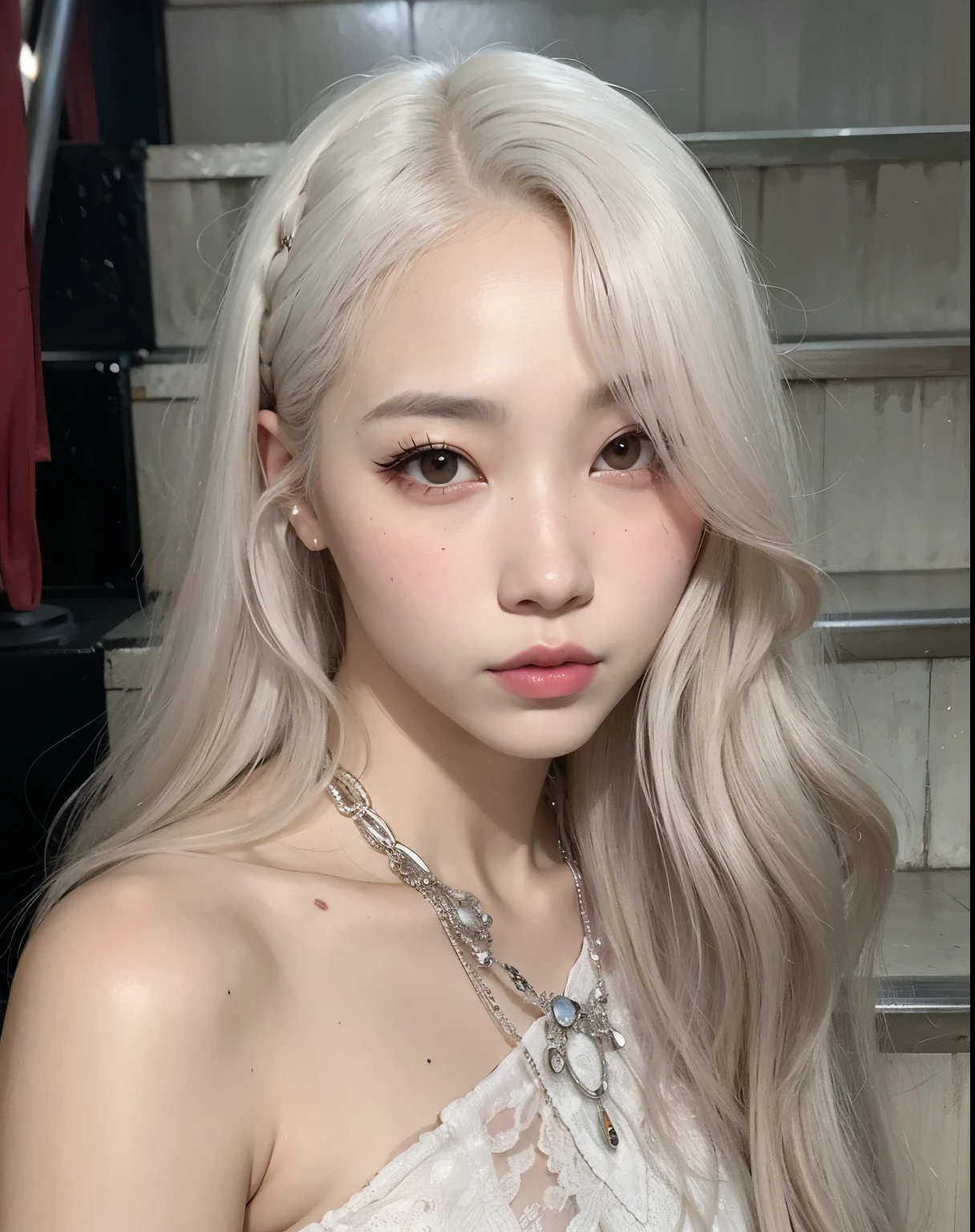 Menina loira com cabelo longo e piercings posando para uma foto, Lalisa Manobal, Retrato de Jossi do Blackpink, com longos cabelos brancos, maquiagem sul-coreana popular, Ulzzang, her hair is white, retrato de Kim Petras, com cabelos longos brancos, cabelo claro, penteado com corte hime branco, jaeyeon nam, maquiagem coreana popular, cl