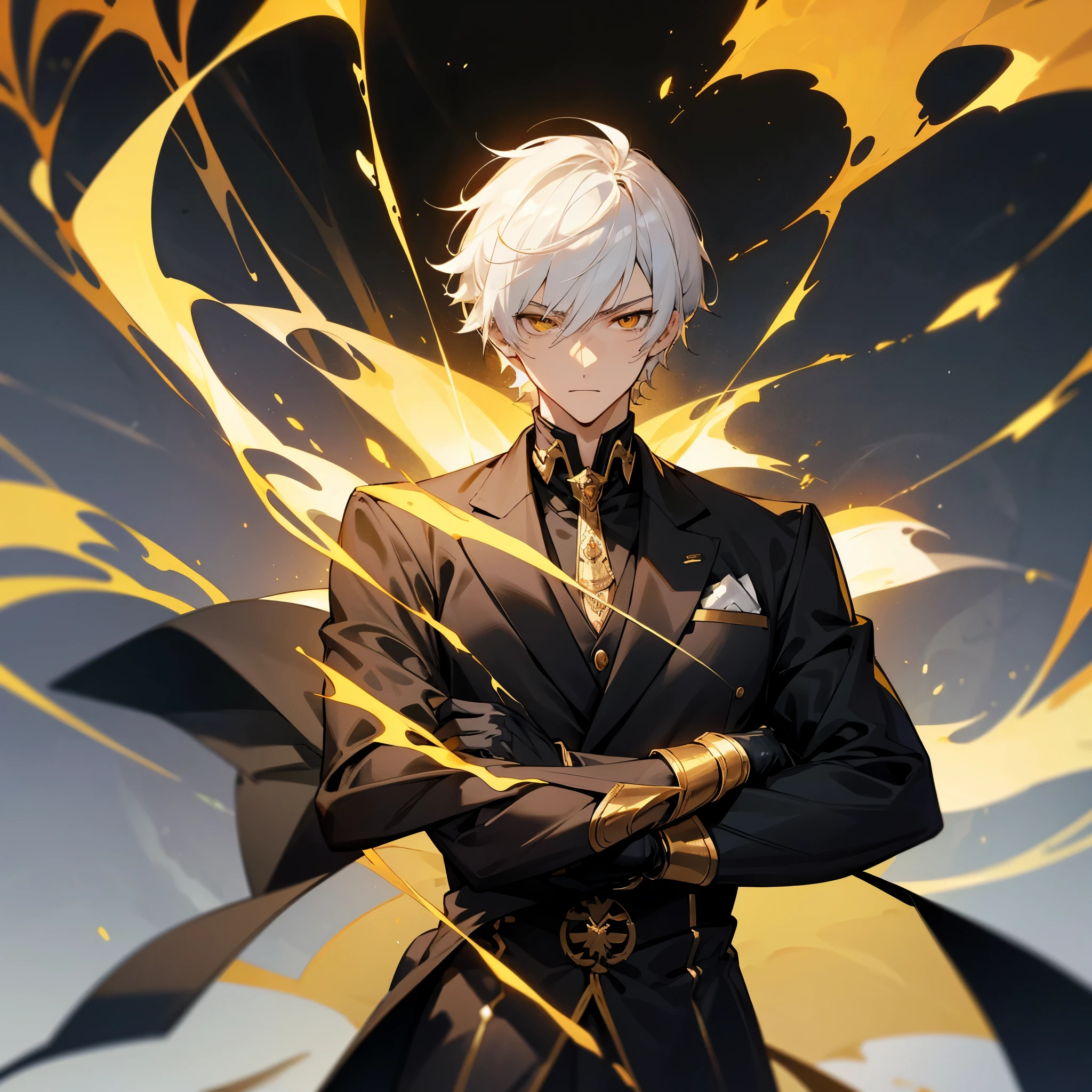 Anime male, ager, handsome, fair-skinned, resolute eyes, white hair, short hair, deep golden eyes, powerful, black suit with black gloves, golden clothes, royal style, flame, crossed arms, dark background