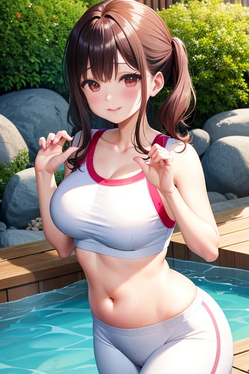 Super detailed,masterpiece,best quality,harf,View,blush blush,Yazawa Nico,red eyes, Blunt hair, 1 female、White clothes、The belly is visible,White bun hairstyle, black hair color hair、chubby、Smile、pale pink lips、Spring water,hot spring,Soaked all over,oestrus,Blushed,visible、White yoga pants,Put your hands on your heart