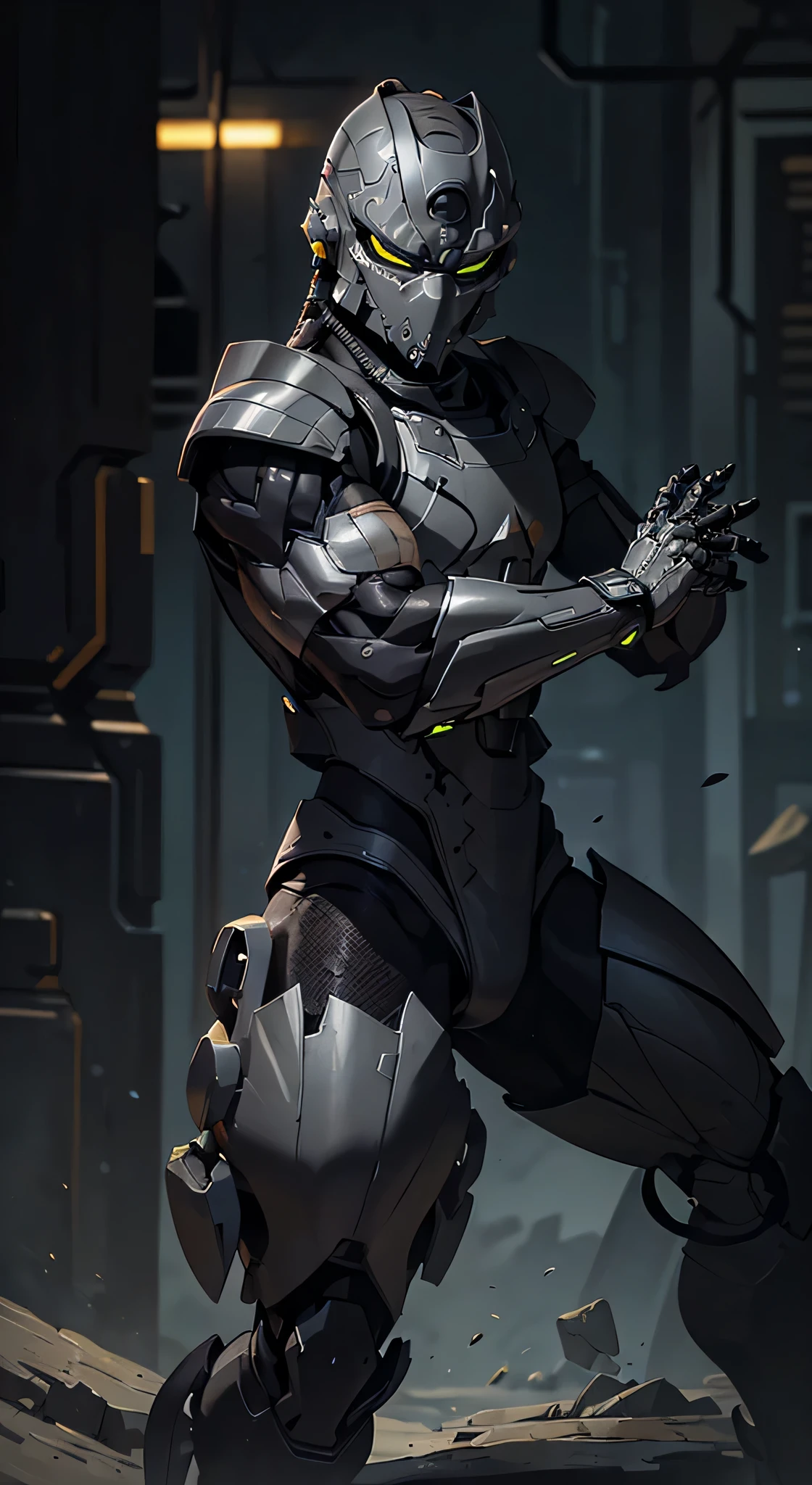 zxcrx, cyborg ninja wearing sleek, (grey and black armour:1.5) that incorporates various mechanical components, his face is covered by a helmet with a (black visor:1.3), arm-mounted blades, energy-based weaponry, intricate, high detail, sharp focus, dramatic, photorealistic painting art by greg rutkowski