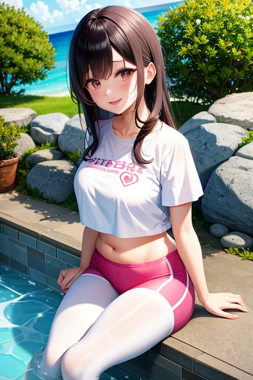 Super detailed，masterpiece，best quality，harf，View，blush blush，Yazawa Nico,red eyes, Blunt hair, 1 female、White clothes、The belly is visible，White bun hairstyle， black hair color hair、chubby、Smile、pale pink lips、Spring water，hot spring，Soaked all over，oestrus，Blushed，visible、White yoga pants，hand on lips