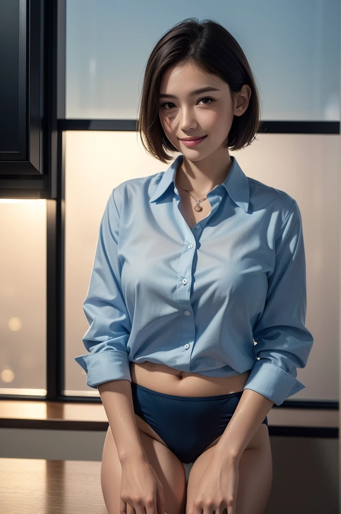 (8K, highest quality, masterpiece:1.2), (realistic, photo-realistic:1.37), super detailed, 1 girl,cute, alone,beautiful and detailed sky,Detailed Office,night,sitting,(blush your nose),(smile:1.15),(closed mouth) , big breasts,beautiful and fine eyes,(collared shirt:1.1), night, Wet, Swimsuit Bikini, rain, (short hair:1.2), Pueros face_v1, computer, finger details, beautiful detailed face, Top Unbuttoned Shirt, (whole body :1.5)