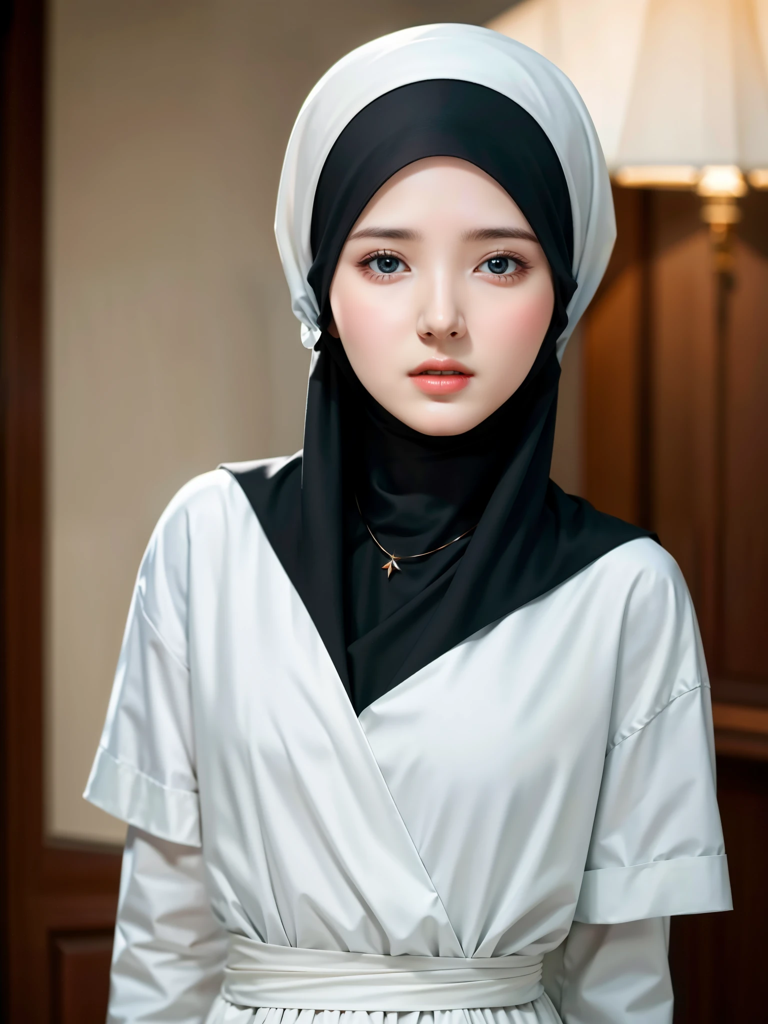 best quality, masterpiece, highreoslem female dress:1.4), necklace, Beautiful face, (upon body from head to waist:1.37), tyndall effect, photorealistic, dark studio, rim lighting, two tone lighting, 8k uhd, dslr, soft lighting, high quality, volumetric lighting, candid, Photograph, high resolution, 4k, 8k, Bokeh, (hyperrealistic girl), (illustration), (high resolution), (extremely detailed), (best illustration), (beautiful detailed eyeest quality), (ultra-detailed), (masterpiece), (wallpaper), (photorealistic), (natural light), (rim lighting), (detailed face), (high detailed realistic skin texture), (anatomically correct), (solo), (1 girl), (heterochromic eyes), (detailed eyes), (sparkling eyes), (long legs), (dynamic pose), (concentrated expression), (wearing hijab:1.4), (moslem headscarf:1.37), reading glasses.