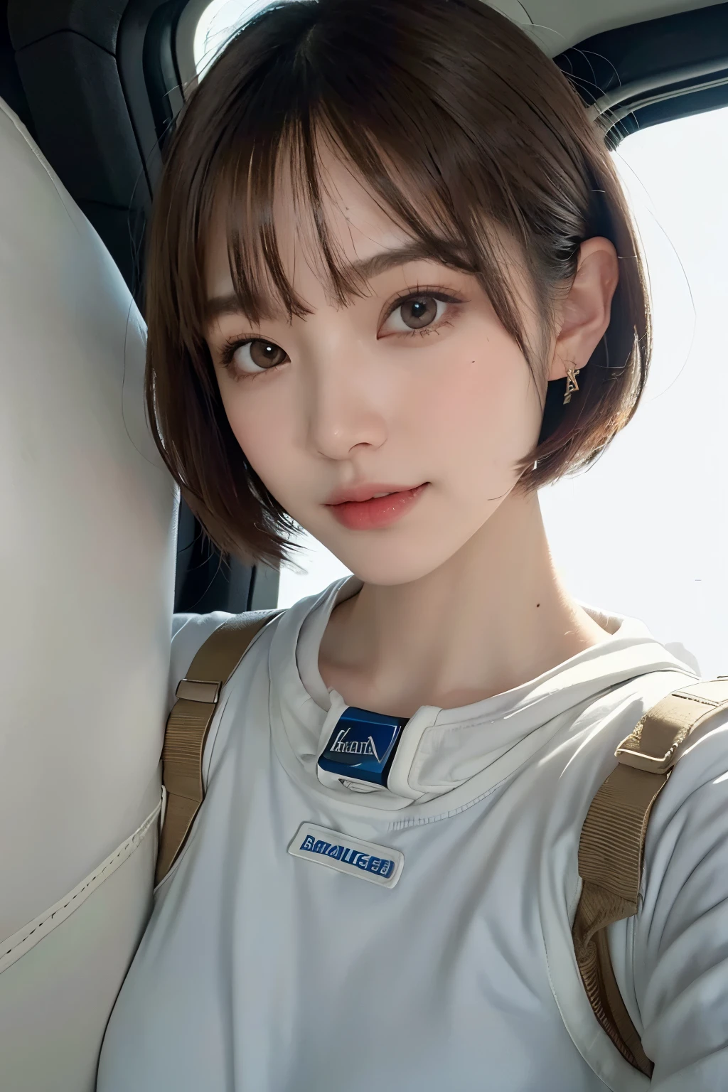 highest quality、masterpiece、ultra high resolution、(real:1.4)、Beautiful woman1、Beautiful details of eyes and skin、smile、light brown short cut hair、The perfect spacesuit、outer space、spaceship、