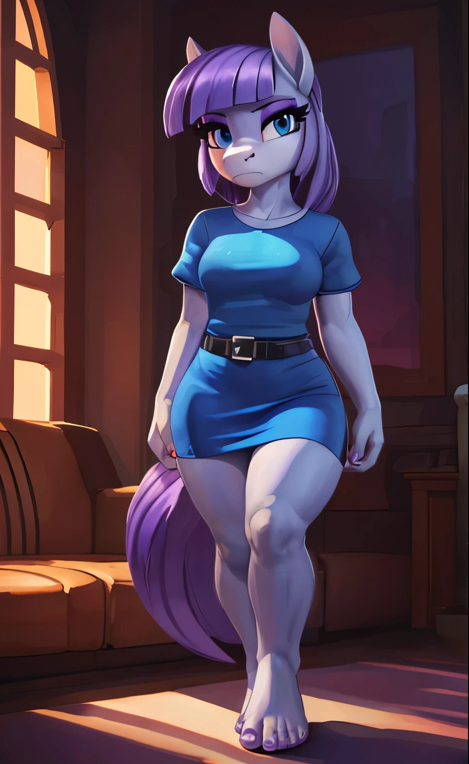 [maud pie], [Uploaded to e621.net; (Pixelsketcher), (mayosplash), (wamudraws)], [uploaded to twitter.com; (@senip)], ((masterpiece)), ((HD)), ((high res)), ((solo portrait)), ((full body)), ((front view)), ((feet visible)), ((furry; anthro horse)), ((detailed fur)), ((detailed shading)), ((beautiful render art)), {anthro female; (slim figure), grey fur, horse snout, (long straight purple hair), (straight bang), (long purple tail), (cute light-blue eyes), (long eyelashes), (purple eyeshadow), (purple nails), (small boobs), (curvy hips), (thick thighs), (beautiful legs), (beautiful feet), (humanoid feet), (frown), (bored expression)}, {(tight blue dress), (short sleeves), (short tight blue pencil skirt), (black waist belt with silver buckle)}, {(standing), (looking at viewer)}, [background; (living room), (window), (sunset), (orange sky), (sun rays), (ambient lighting)]