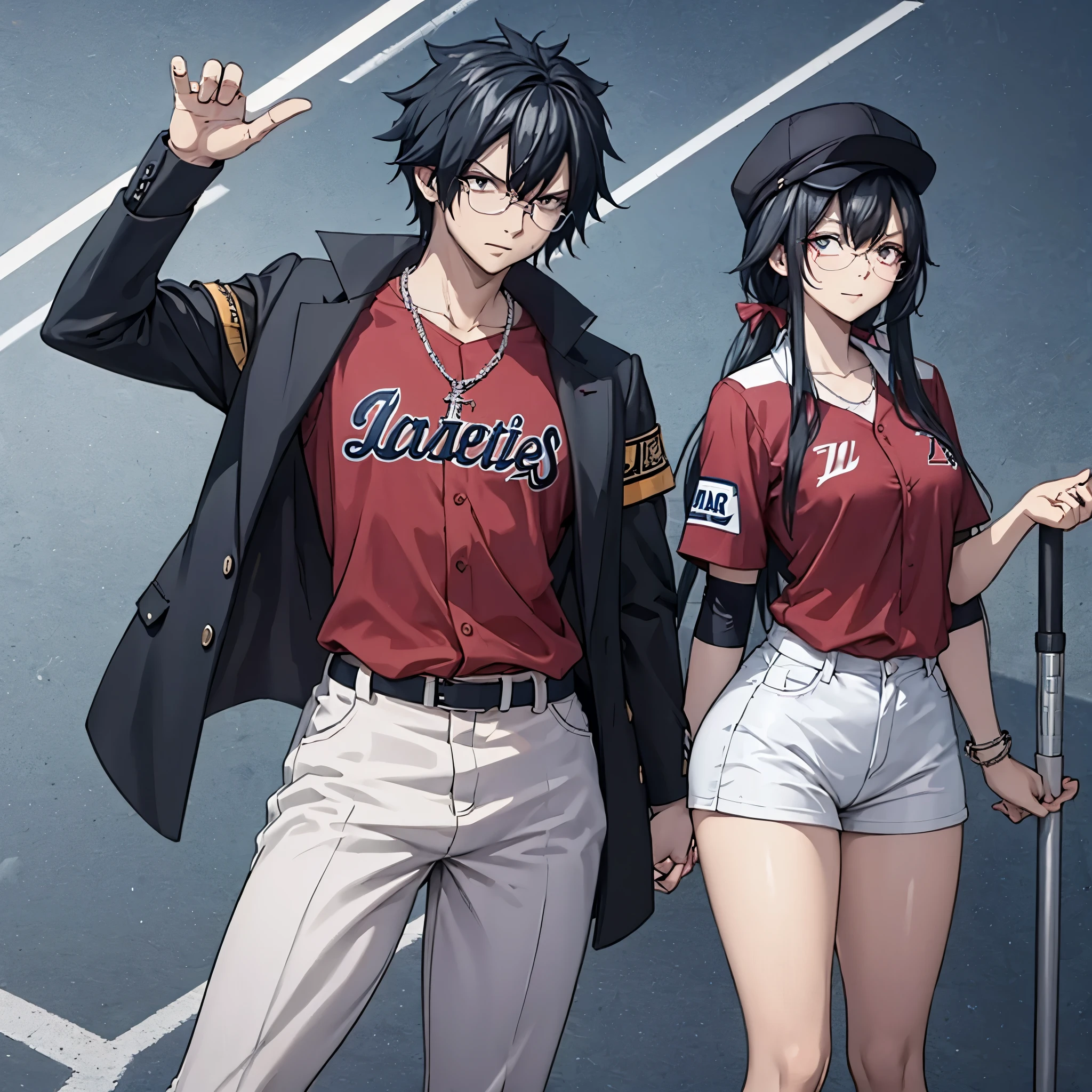 a man and a woman (red eyes) in baseball gear playing baseball together