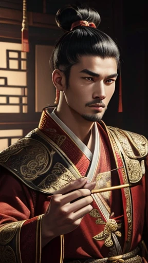 oriental、man in ancient chinese clothes、ancient chinese topknot men、three kingdom、multiple warlords、highest quality、masterpiece、ultra high resolution、(realistic:1.4)、game poster、Clear and beautiful image quality、young man