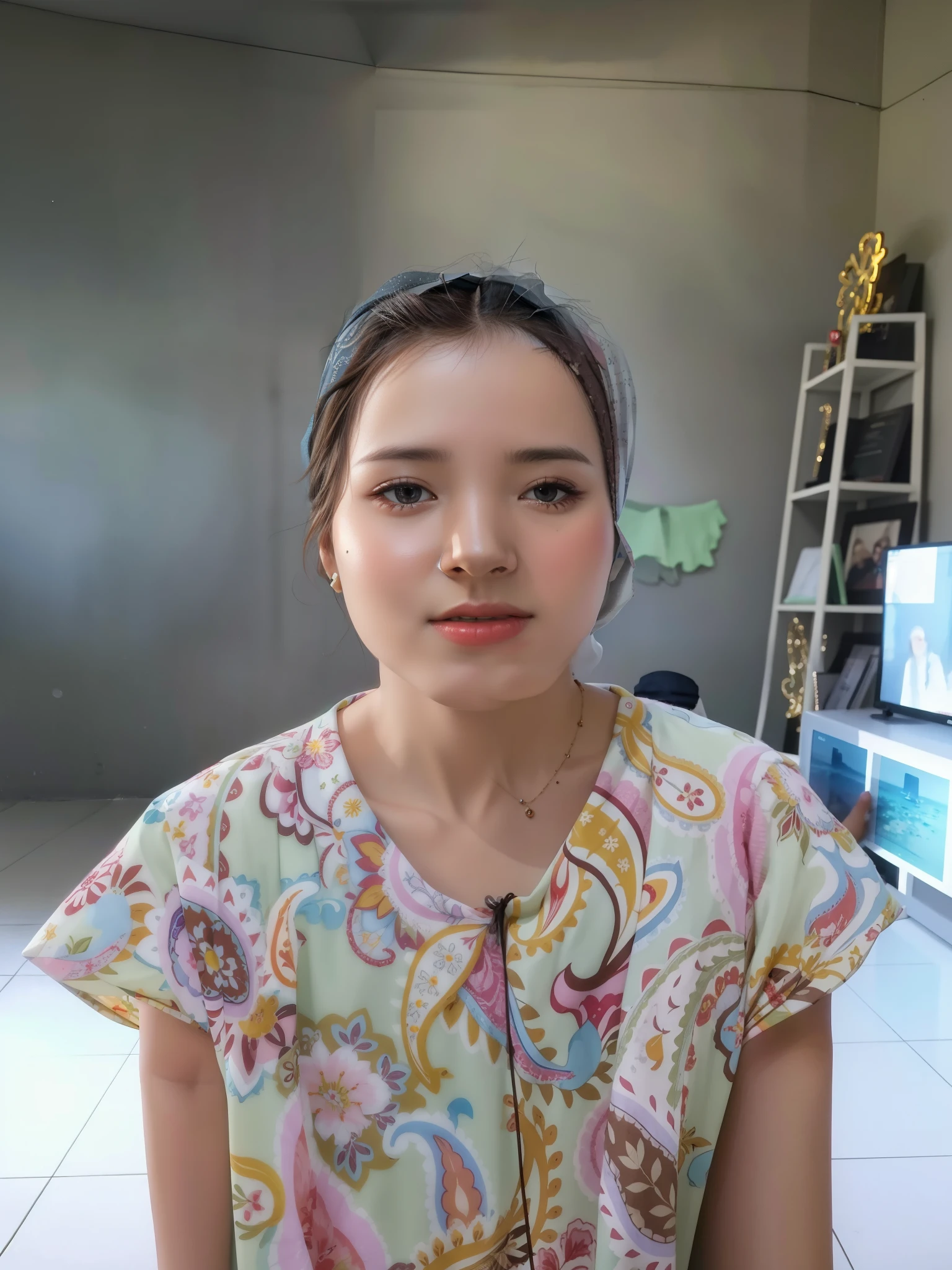 best quality, masterpiece, highreoslem female dress:1.4), necklace, Beautiful face, (upon body from head to waist:1.37), tyndall effect, photorealistic, dark studio, rim lighting, two tone lighting, 8k uhd, dslr, soft lighting, high quality, volumetric lighting, candid, Photograph, high resolution, 4k, 8k, Bokeh, (hyperrealistic girl), (illustration), (high resolution), (extremely detailed), (best illustration), (beautiful detailed eyeest quality), (ultra-detailed), (masterpiece), (wallpaper), (photorealistic), (natural light), (rim lighting), (detailed face), (high detailed realistic skin texture), (anatomically correct), (solo), (1 girl), (heterochromic eyes), (detailed eyes), (sparkling eyes), (long legs), (dynamic pose), (concentrated expression), (wearing hijab:1.4), (moslem headscarf:1.37), reading glasses.
