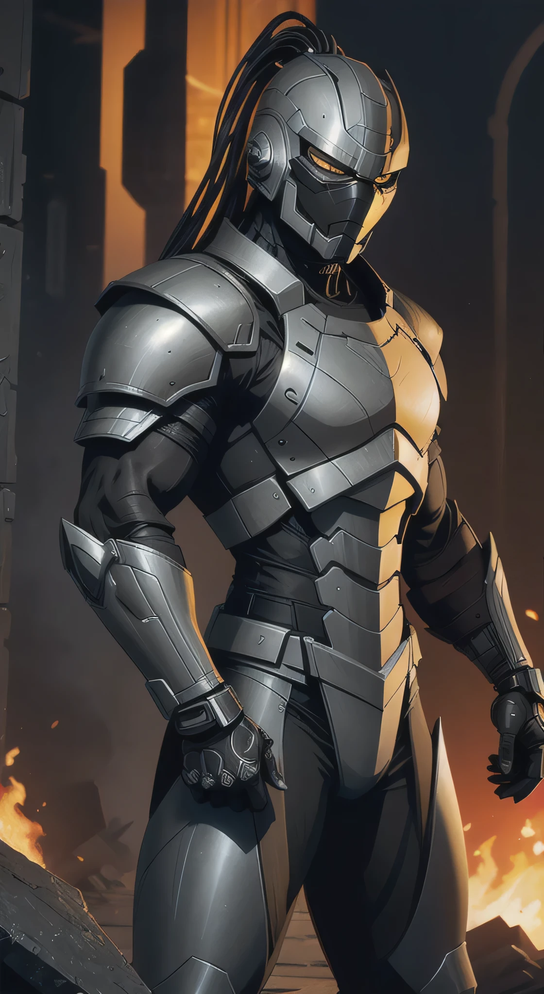 zxcrx, cyborg ninja wearing sleek, (grey and black armour:1.5) that incorporates various mechanical components, his face is covered by a helmet with a (black visor:1.3), arm-mounted blades, energy-based weaponry, intricate, high detail, sharp focus, dramatic, photorealistic painting art by greg rutkowski