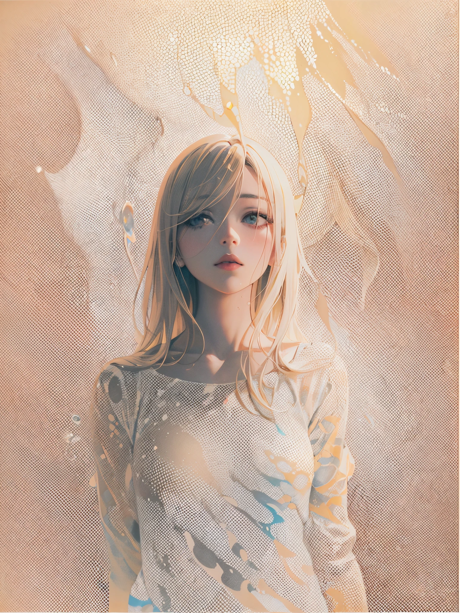 (Color Halftone effect,Halftone Pattern:1.5)A beautiful woman emerges dimly from the world surrounded by light. Strong light crosses and soft light leaks out.(Color pattern:light pink, beige )(Clothing: grunge fashion)
(Ink on Japanese paper, which tends to bleed easily)(contemporary art like a picture book) (transparent watercolor) (light itself expressed as real) (layers of soft, rich colors) (shades of paint dissolved thinly with water) (deep, delicate colors)