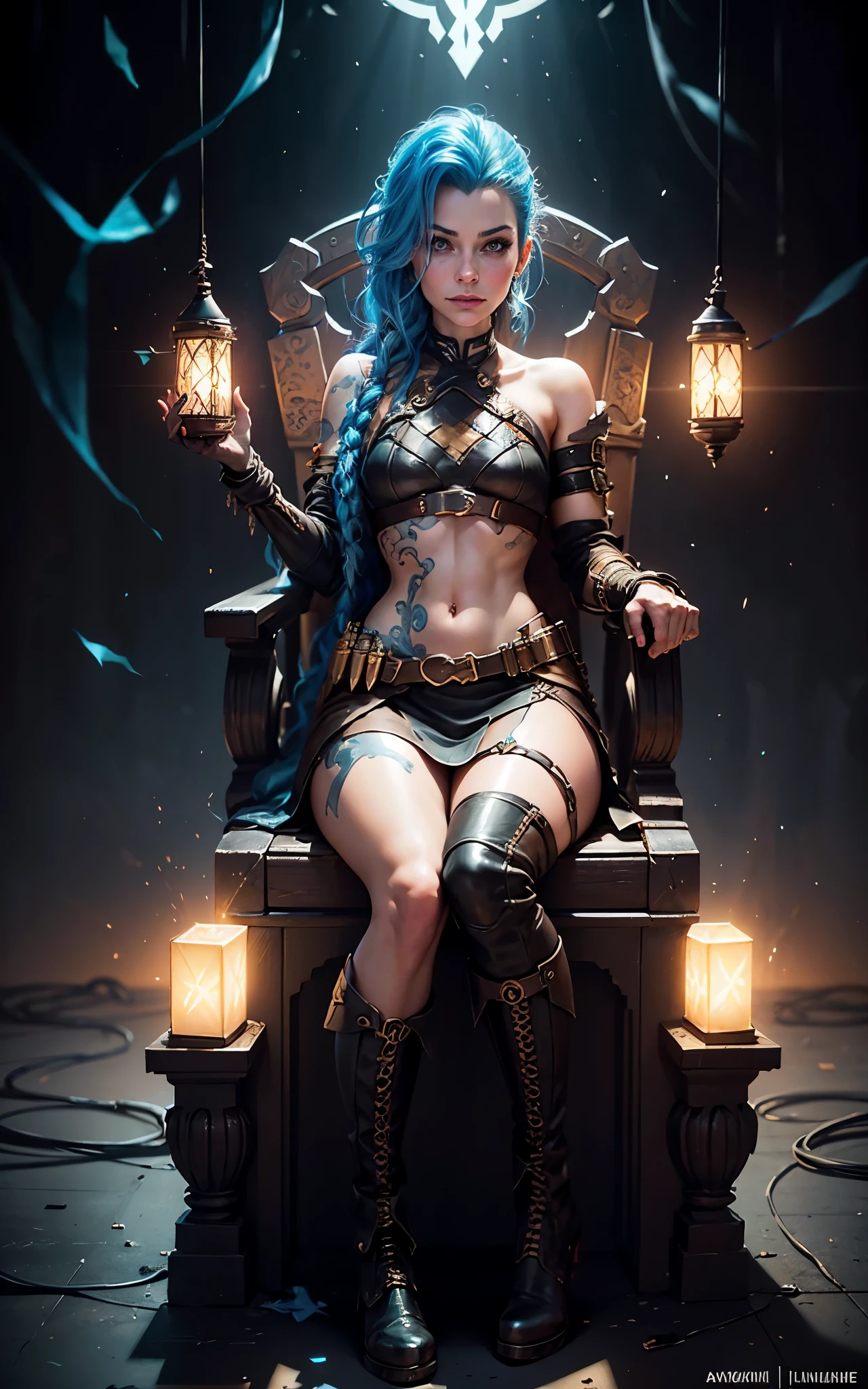 (Evangeline Lilly:Margot Robbie) is jinx from league of legends, sitting in a throne made of junk, pale skin, blue messy hair with long breads, skinny body, small breasts, Full body, Beautiful anime waifu style girl,hyperdetailed painting, luminism, art by Carne Griffiths and Wadim Kashin concept art, dark background, abstract beauty, approaching perfection, pure form, golden ratio, minimalistic, dark atmosphere, unfinished, concept art, intricate details, 8k post production, high resolution, hyperdetailed, trending on artstation, sharp focus, studio photo, intricate details, highly detailed, steampunk 