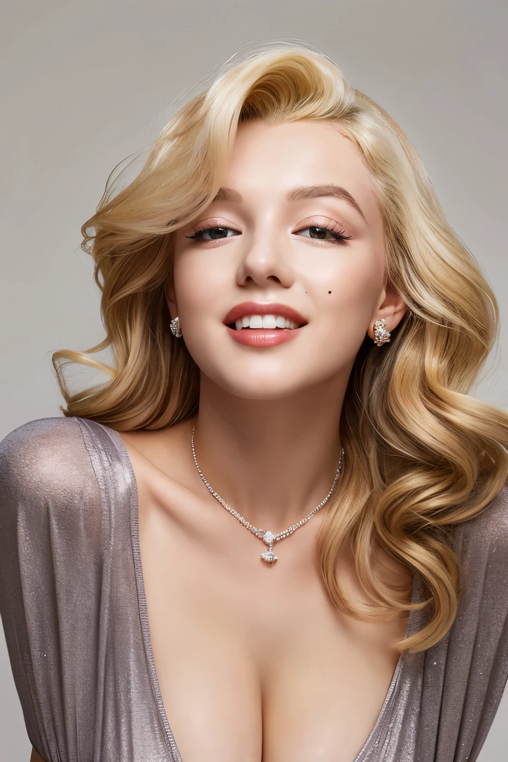 beautiful and gentle、realistic、Marilyn Monroe、High resolution、8K、big breasts、35 years old、dress、Wide open chest、cleavage、Tied waist、plain belly、Walk around the mansion、Big wavy silvery blonde hair、excited face、elongated oval face、square jaw、dark eyelashes、Clear eyes、Enhanced eye highlights、((Full body image from head to toe))、detailed description、Full body photo、necklace、bumps、Staring at the camera with kind eyes、