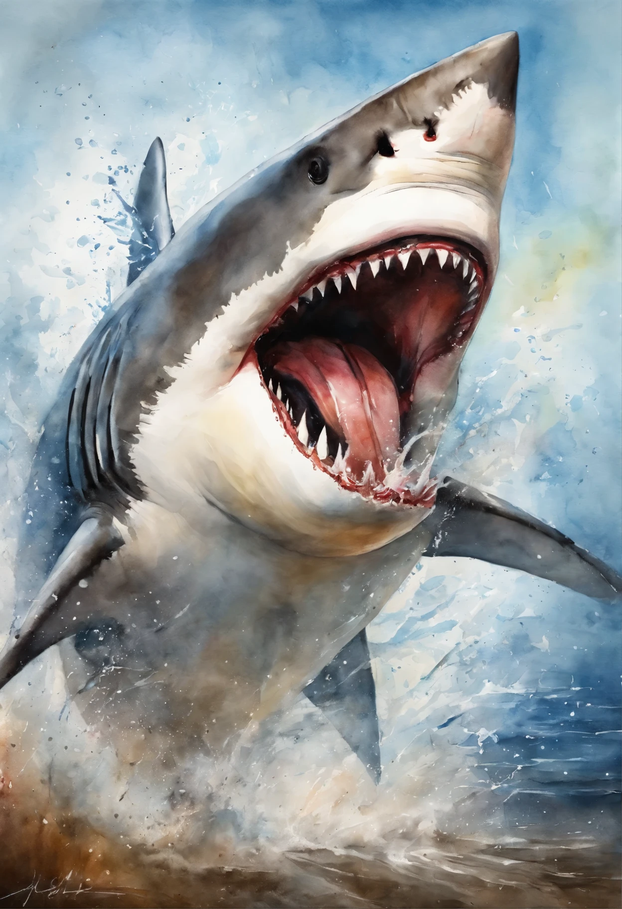 a giant Shark jumping out of the water,with a huge mouth open,dentes pontiagudos,ferocious,Splashes,