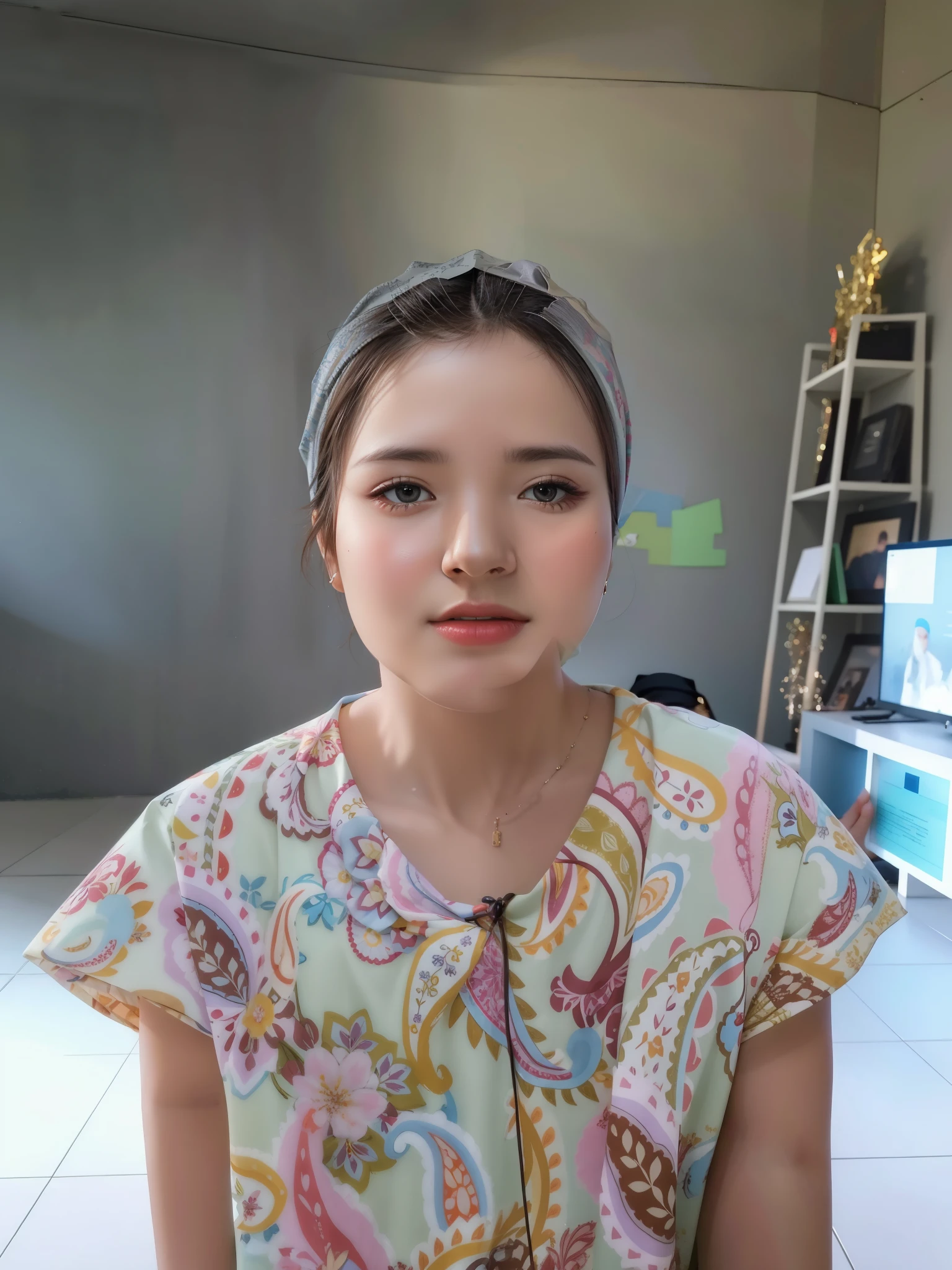 best quality, masterpiece, highreoslem female dress:1.4), necklace, Beautiful face, (upon body from head to waist:1.37), tyndall effect, photorealistic, dark studio, rim lighting, two tone lighting, 8k uhd, dslr, soft lighting, high quality, volumetric lighting, candid, Photograph, high resolution, 4k, 8k, Bokeh, (hyperrealistic girl), (illustration), (high resolution), (extremely detailed), (best illustration), (beautiful detailed eyeest quality), (ultra-detailed), (masterpiece), (wallpaper), (photorealistic), (natural light), (rim lighting), (detailed face), (high detailed realistic skin texture), (anatomically correct), (solo), (1 girl), (heterochromic eyes), (detailed eyes), (sparkling eyes), (long legs), (dynamic pose), (concentrated expression), (wearing hijab:1.4), (moslem headscarf:1.37), reading glasses.