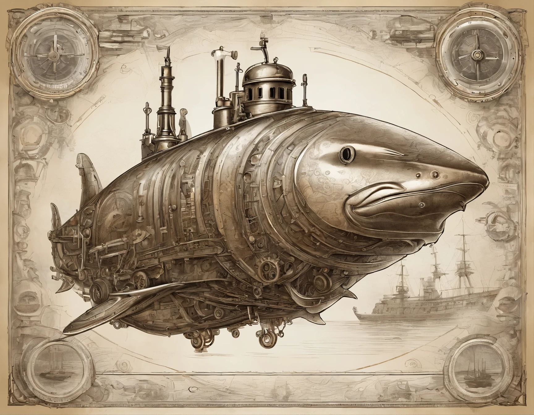 Steampunk drawing of a submarine similar to a large shark, shark submarine, steampunk shark submarine, high detail, cinematographic processing, realistic photo