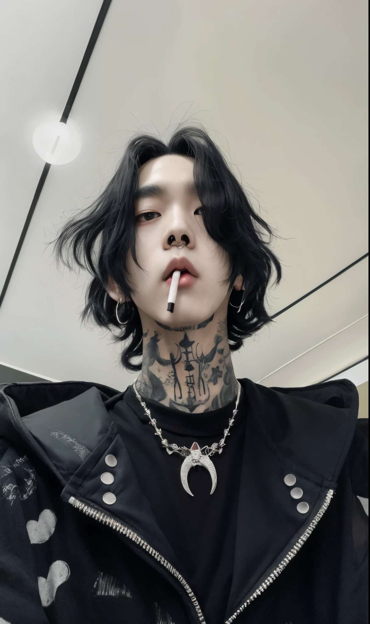 Man with a cigarette in his mouth and a tattoo on his neck, cai xukun, pintar ulzzang, cute japanese demon boy, cruel korean goth girl, androgynous, peep, gothic aesthetic, colar de piercings, kanliu666, androgynous person, Killstar, androgynous male, androginia, BTS Junkook cybernetic necklace 