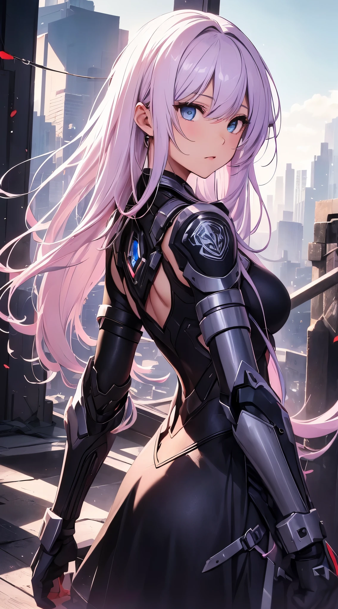 top-quality、Top image quality、masterpiece、girl with((18year old、cyborgs、System Dynamics、Metallic body、Best Bust、Medium bust、Long pink hair、Light blue eyes、Beautiful back、deadpan、Breasts wide open、Show Back View、low angles))hiquality、Beautiful Art、Background with(A desert、Collapsed buildings、natta、nigh sky、stele々)),masutepiece、Elaborate design、visualart、depth of fields、The best lighting、highestdetailed、low angles