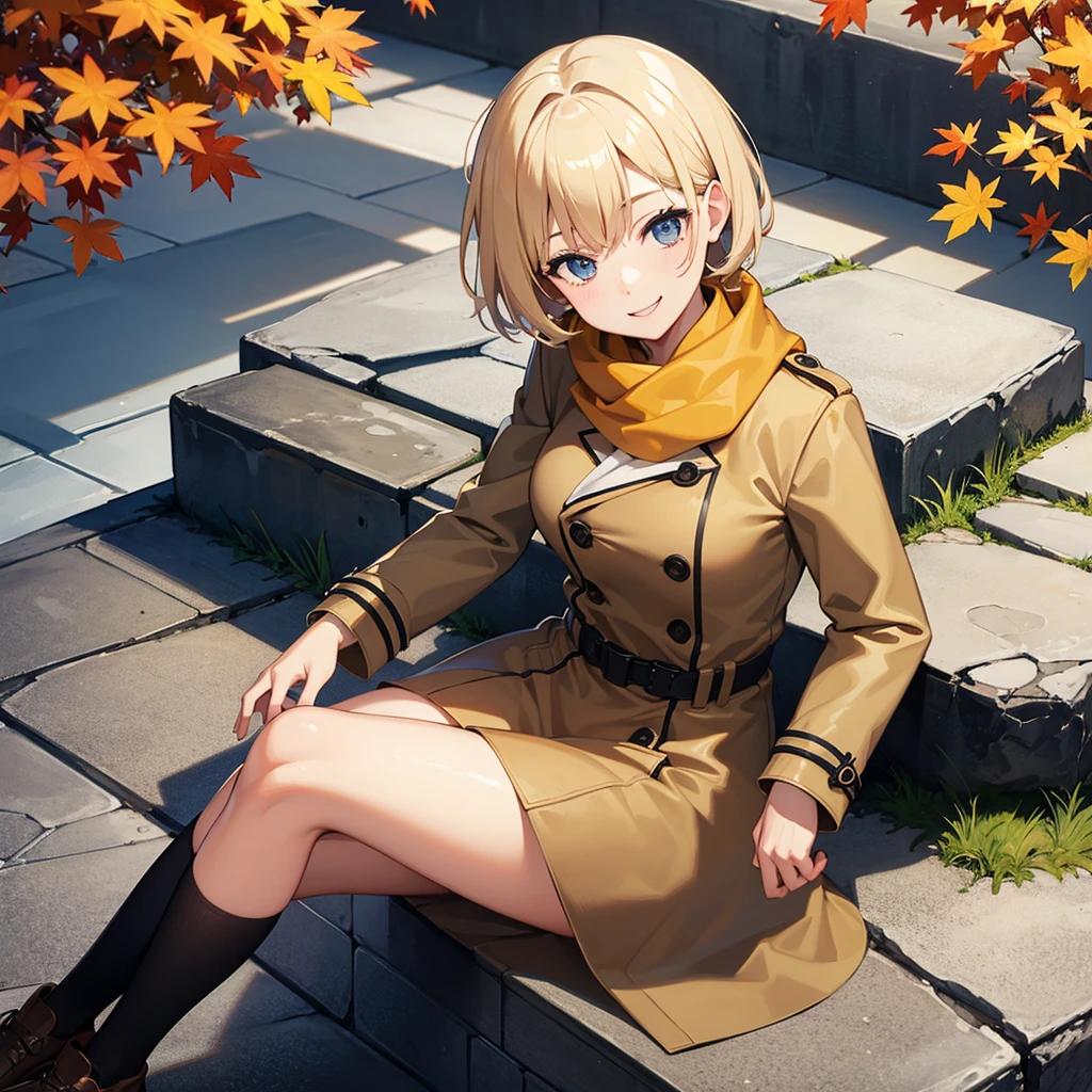 Masterpiece, solo, 1girl, smiling, scarf, double breasted trench coat, short skirt, short blonde hair, sitting cross legged, autumn