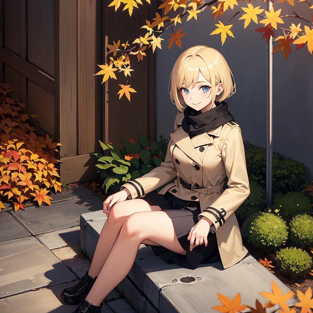 Masterpiece, solo, 1girl, smiling, scarf, double breasted trench coat, short skirt, short blonde hair, sitting cross legged, autumn
